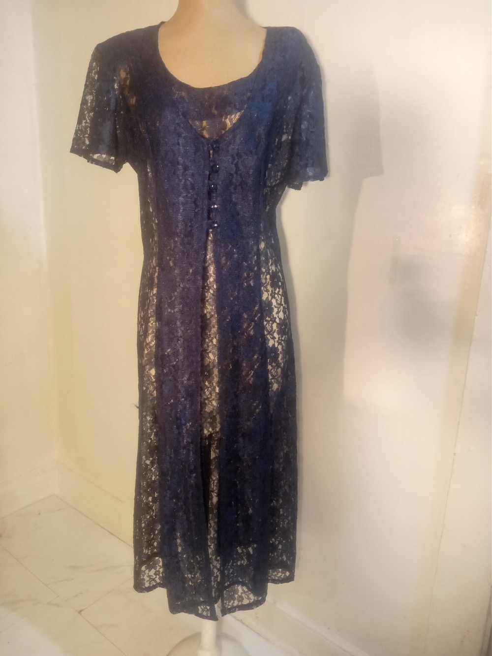 Vintage Navy Lace Maxi Dress with Button Front Detail